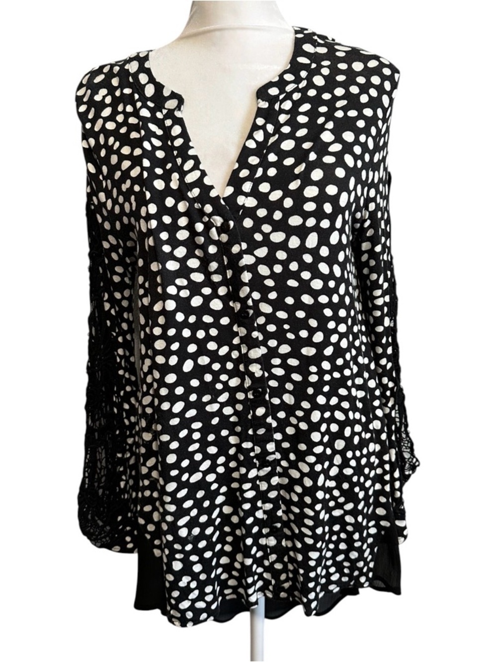 august silk Black and White Polka Dot Long Sleeve Blouse size M